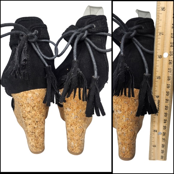 Black Boho Wedge Heels Womens 7.5 Platform Tassel Peep Toe Dressy Evening - Picture 6 of 10